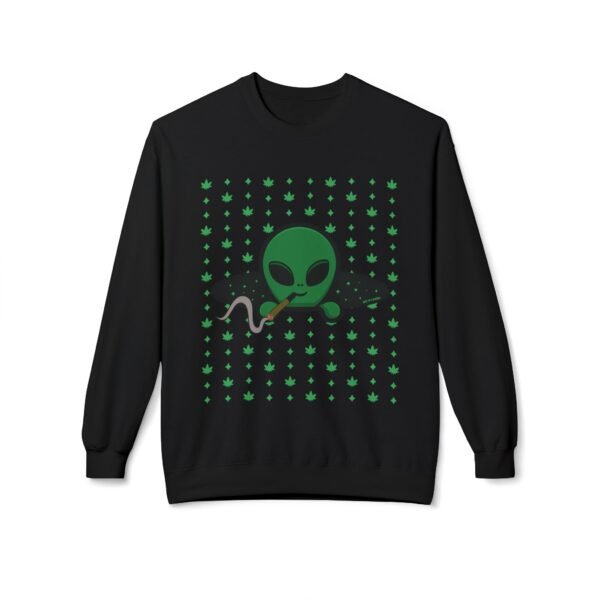 Green Alien Portal Sweatshirt t features a green alien popping out of a black hole smoking a blunt. weed pattern behind alien