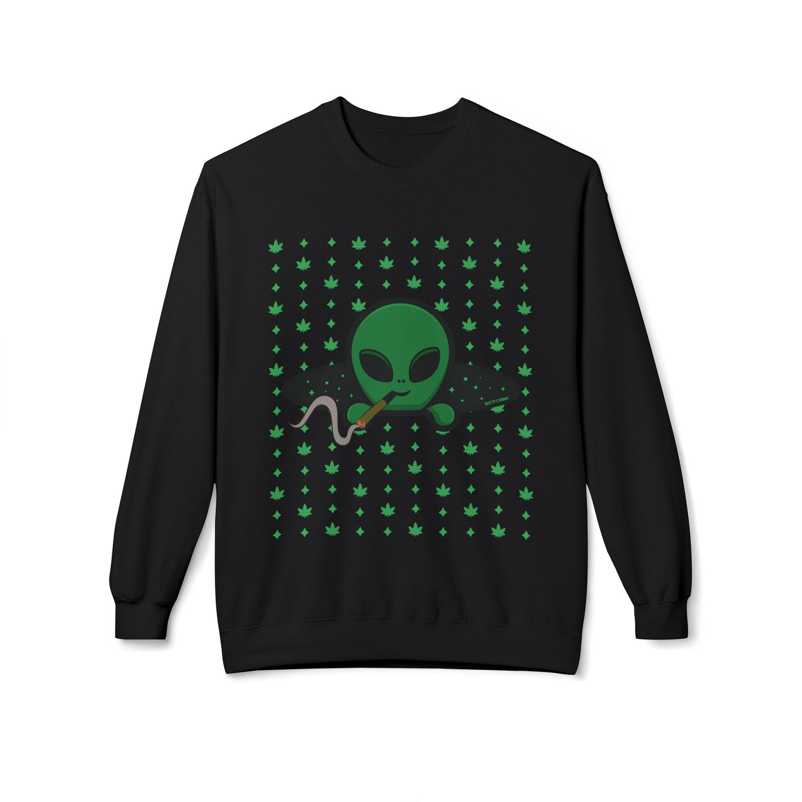 Green Alien Portal Sweatshirt t features a green alien popping out of a black hole smoking a blunt. weed pattern behind alien