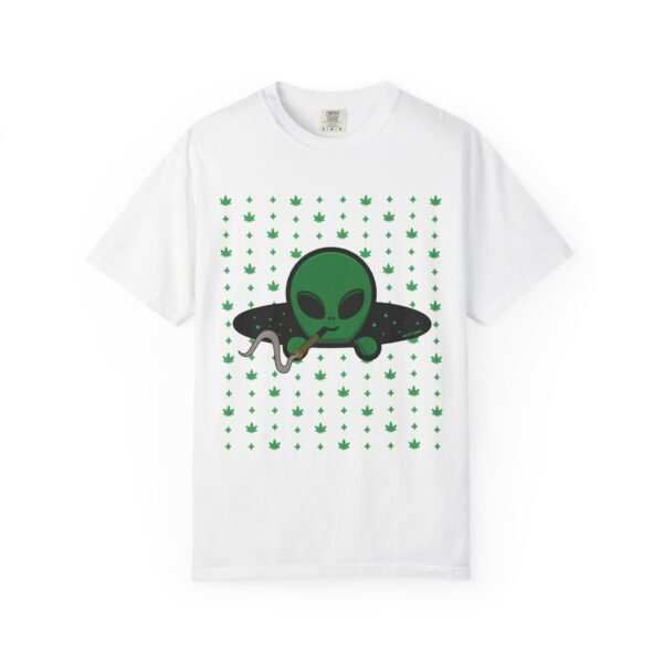 6073147351100164025_2048.jpeg Green Alien Portal T-Shirt features a green alien popping out of a black hole smoking a blunt. weed pattern behind alien