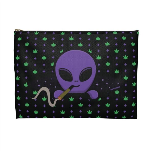 Purple Alien Portal Accessory Pouch features a purple alien popping out of a black hole smoking a blunt. weed pattern behind alien