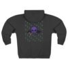 Purple Alien Portal zip up features a purple alien popping out of a black hole smoking a blunt. weed pattern behind alien