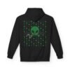 Green Alien Portal Hoodie features a green alien popping out of a black hole smoking a blunt. weed pattern behind alien