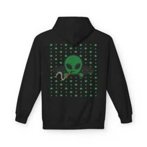 Green Alien Portal Hoodie features a green alien popping out of a black hole smoking a blunt. weed pattern behind alien