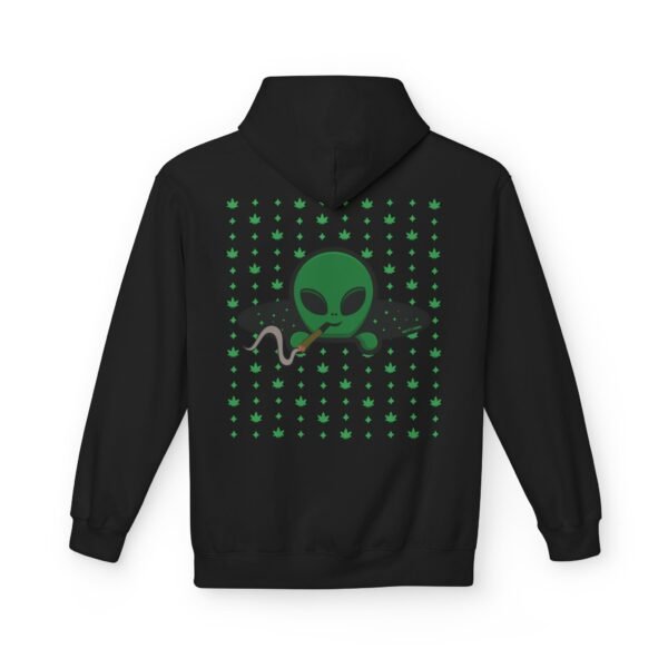 Green Alien Portal Hoodie features a green alien popping out of a black hole smoking a blunt. weed pattern behind alien