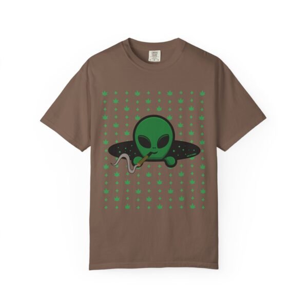 6565153469827870538_2048.jpeg Green Alien Portal T-Shirt features a green alien popping out of a black hole smoking a blunt. weed pattern behind alien