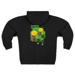 6629243045471758151_2048.jpeg This Lemon Kush zip hoodie features two weed leaves two lemons standing on boxes squirting lemon juice on weed plants like they are peeing on them. "Lemon Kush is written above the lemons with a green background.