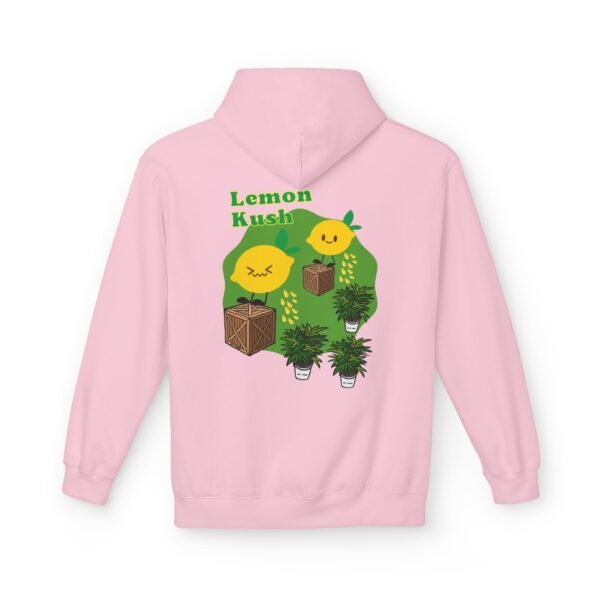 This Lemon Kush hoodie features two weed leaves two lemons standing on boxes squirting lemon juice on weed plants like they are peeing on them. "Lemon Kush is written above the lemons with a green background.