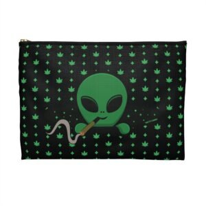 Green Alien Portal Accessory Pouch features a green alien popping out of a black hole smoking a blunt. weed pattern behind alien