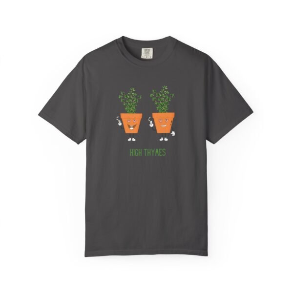 This high thymes t -shirt features two thyme plants smoking joints with 'High Thymes' written below in green