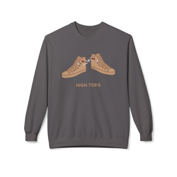 This high tops crewneck sweatshirt features two tan high tops smoking joints with 'High Tops' written below in same color tan
