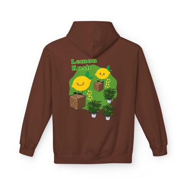 This Lemon Kush hoodie features two weed leaves two lemons standing on boxes squirting lemon juice on weed plants like they are peeing on them. "Lemon Kush is written above the lemons with a green background.