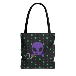 Purple Alien Portal tote bag features a purple alien popping out of a black hole smoking a blunt. weed pattern behind alien