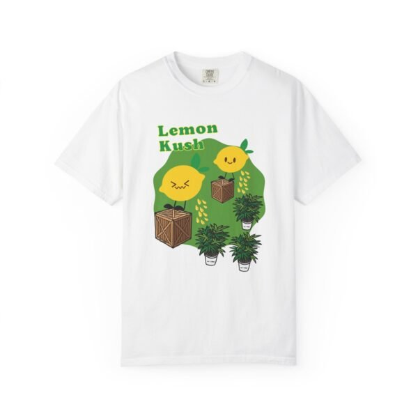 This Lemon Kush T-shirt features two weed leaves two lemons standing on boxes squirting lemon juice on weed plants like they are peeing on them. "Lemon Kush is written above the lemons with a green background.