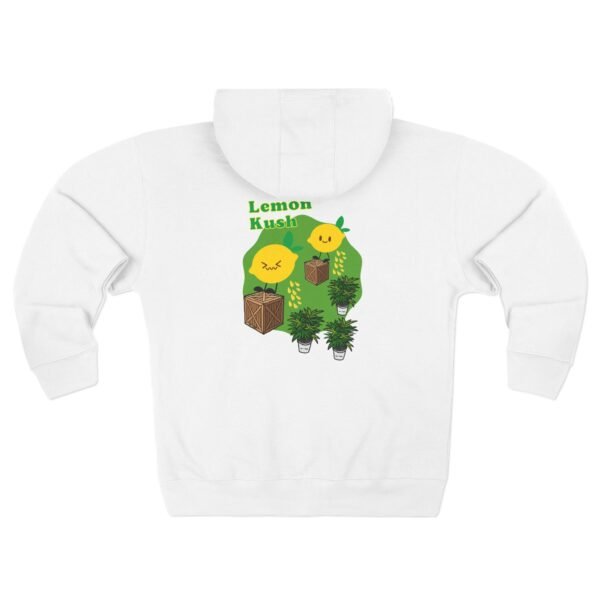This Lemon Kush zip hoodie features two weed leaves two lemons standing on boxes squirting lemon juice on weed plants like they are peeing on them. "Lemon Kush is written above the lemons with a green background.