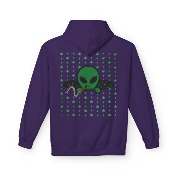 Green Alien Portal Hoodie features a green alien popping out of a black hole smoking a blunt. weed pattern behind alien