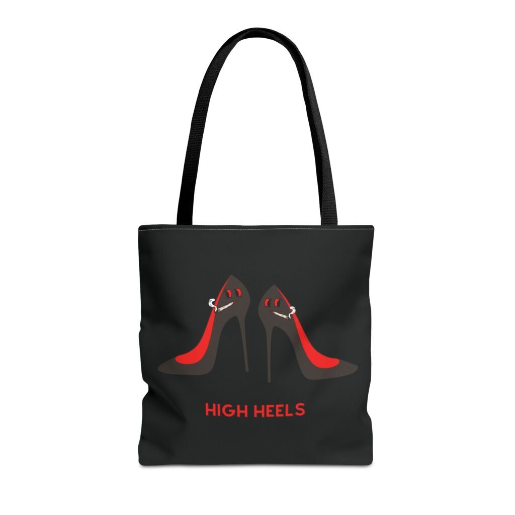 This high heels Tote Bag features two grey high heels smoking joints with 'High Heels' written below in red.