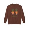 This high thymes sweatshirt features two thyme plants smoking joints with 'High Thymes' written below in green