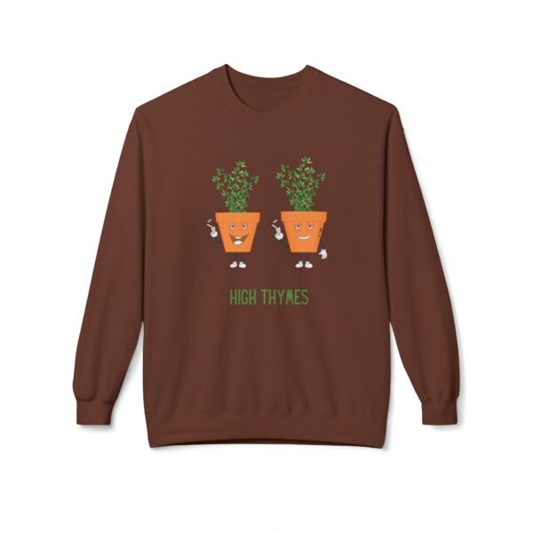 This high thymes sweatshirt features two thyme plants smoking joints with 'High Thymes' written below in green