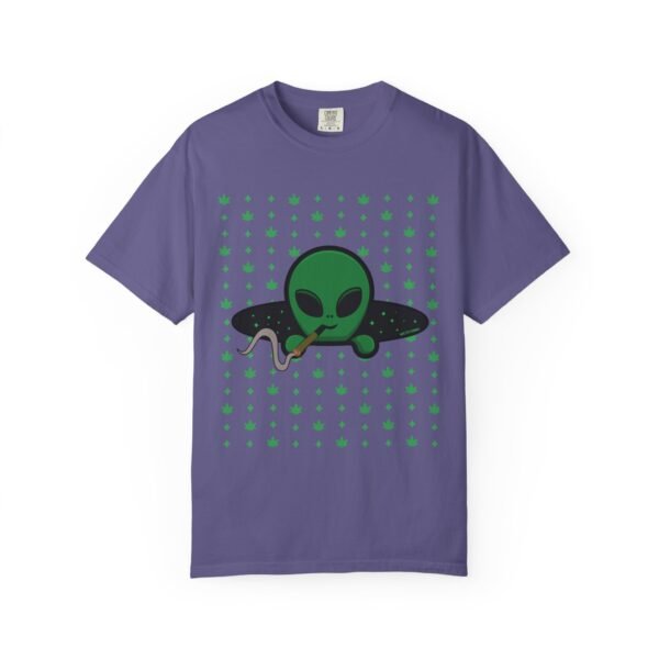 744065503759730681_2048.jpeg Green Alien Portal T-Shirt features a green alien popping out of a black hole smoking a blunt. weed pattern behind alien