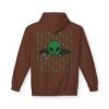 Green Alien Portal Hoodie features a green alien popping out of a black hole smoking a blunt. weed pattern behind alien