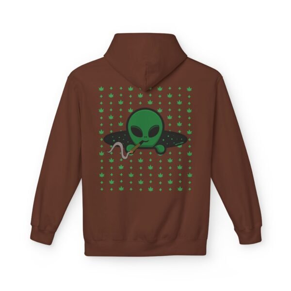 Green Alien Portal Hoodie features a green alien popping out of a black hole smoking a blunt. weed pattern behind alien