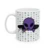 Purple Alien Portal Mug features a purple alien popping out of a black hole smoking a blunt. weed pattern behind alien