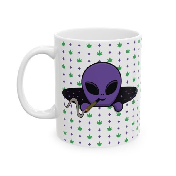 Purple Alien Portal Mug features a purple alien popping out of a black hole smoking a blunt. weed pattern behind alien