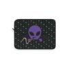 Purple Alien Portal laptop sleeve features a purple alien popping out of a black hole smoking a blunt. weed pattern behind alien