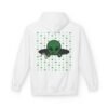 Green Alien Portal Hoodie features a green alien popping out of a black hole smoking a blunt. weed pattern behind alien