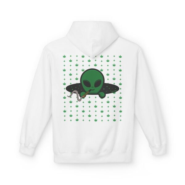 Green Alien Portal Hoodie features a green alien popping out of a black hole smoking a blunt. weed pattern behind alien