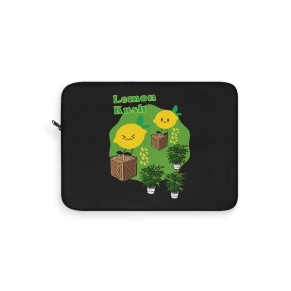 This Lemon Kush laptop sleeve features two weed leaves two lemons standing on boxes squirting lemon juice on weed plants like they are peeing on them. "Lemon Kush is written above the lemons with a green background.