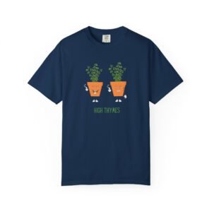 This high thymes t -shirt features two thyme plants smoking joints with 'High Thymes' written below in green