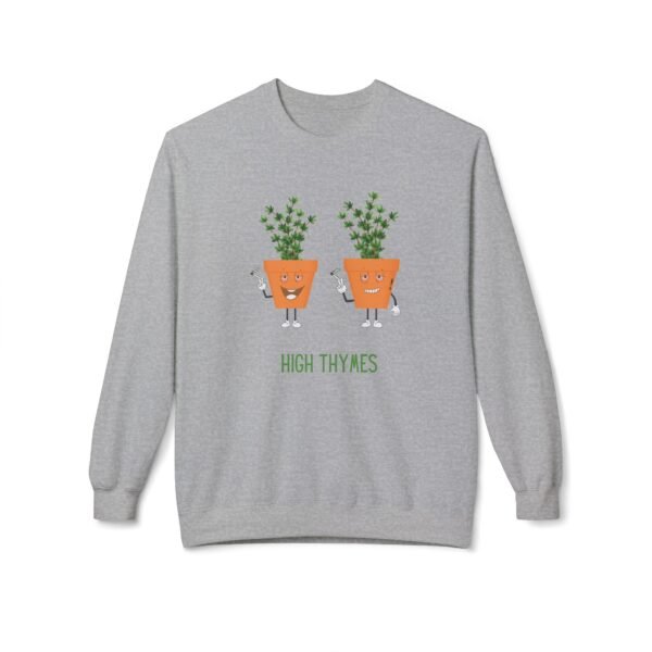 This high thymes sweatshirt features two thyme plants smoking joints with 'High Thymes' written below in green