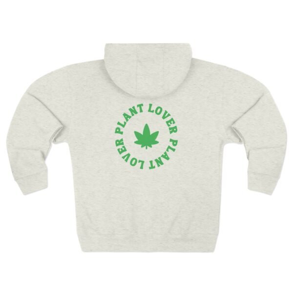 This plant lover zip up features a weed leaf with the words plant lover written around it.