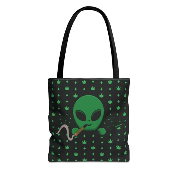 Green Alien Portal Tote Bag features a green alien popping out of a black hole smoking a blunt. weed pattern behind alien