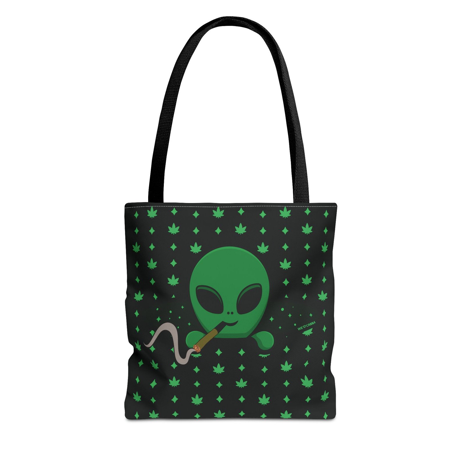 Green Alien Portal Tote Bag features a green alien popping out of a black hole smoking a blunt. weed pattern behind alien