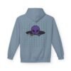 Purple Alien Portal zip up features a purple alien popping out of a black hole smoking a blunt. weed pattern behind alien