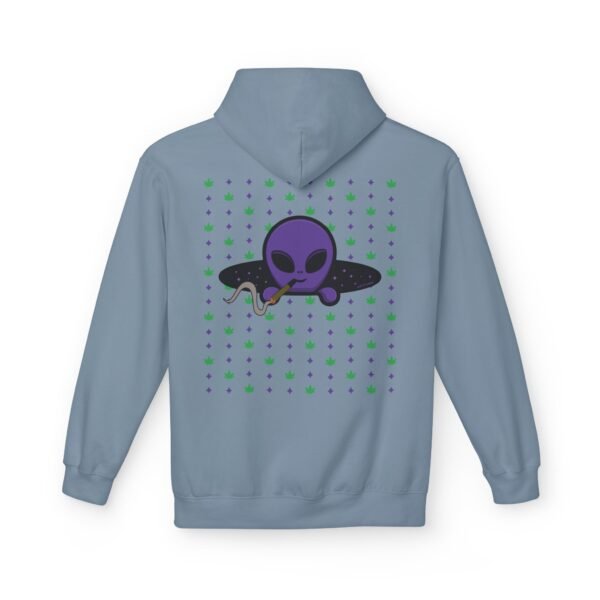 Purple Alien Portal zip up features a purple alien popping out of a black hole smoking a blunt. weed pattern behind alien