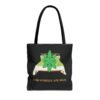 This how hybrids are made tote bag features two weed leaves laying in bed on top of each other with "How Hybrids Are Made" written below