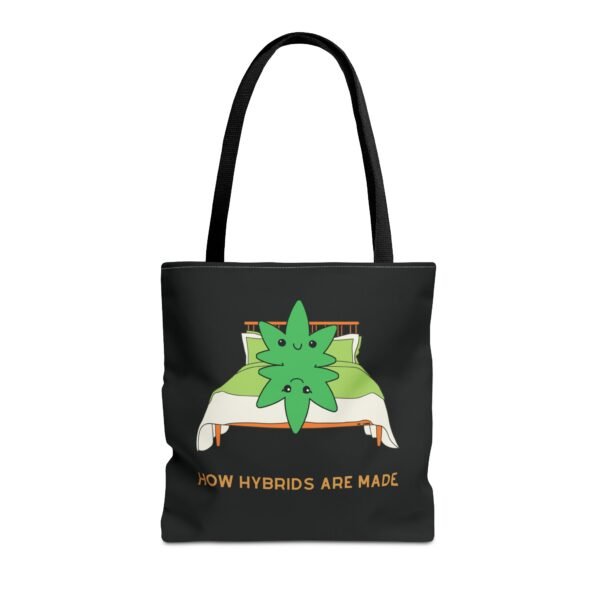 This how hybrids are made tote bag features two weed leaves laying in bed on top of each other with "How Hybrids Are Made" written below