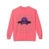 Purple Alien Portal sweatshirt features a purple alien popping out of a black hole smoking a blunt. weed pattern behind alien