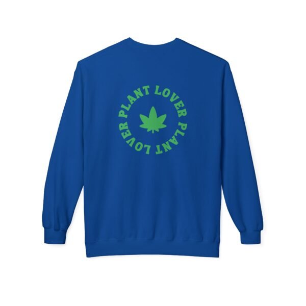 This plant lover weed leaf sweatshirt features a bold weed leaf design with 'Plant Lover' written around it, all in a green color same as the weed leaf itself.