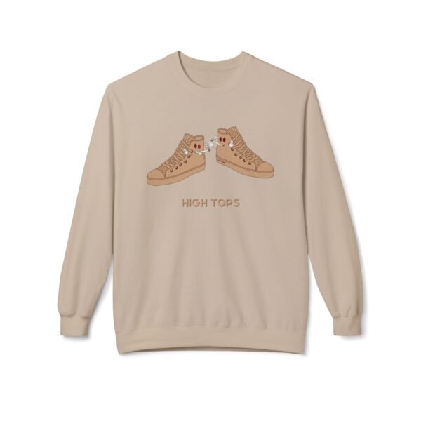 This high tops crewneck sweatshirt features two tan high tops smoking joints with 'High Tops' written below in same color tan