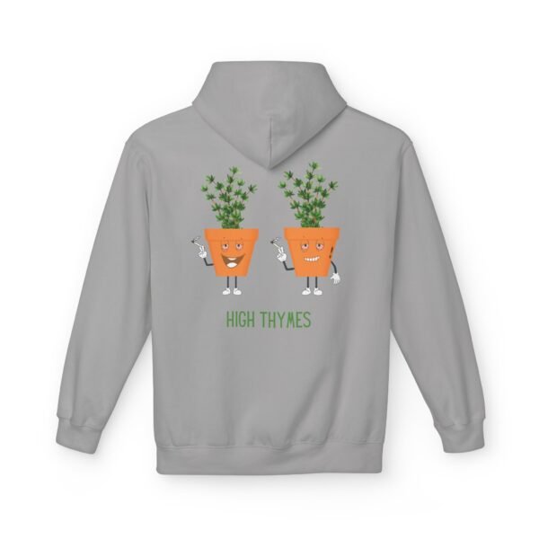 This high thymes hoodie features two thyme plants smoking joints with 'High Thymes' written below in green