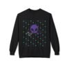 Purple Alien Portal sweatshirt features a purple alien popping out of a black hole smoking a blunt. weed pattern behind alien