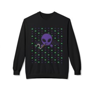 Purple Alien Portal sweatshirt features a purple alien popping out of a black hole smoking a blunt. weed pattern behind alien