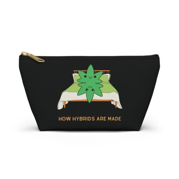 This how hybrids are made accessory pouch t-bag features two weed leaves laying in bed on top of each other with "How Hybrids Are Made" written below