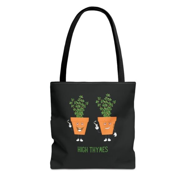 This high thymes tote bag features two thyme plants smoking joints with 'High Thymes' written below in green