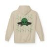 Green Alien Portal Hoodie features a green alien popping out of a black hole smoking a blunt. weed pattern behind alien