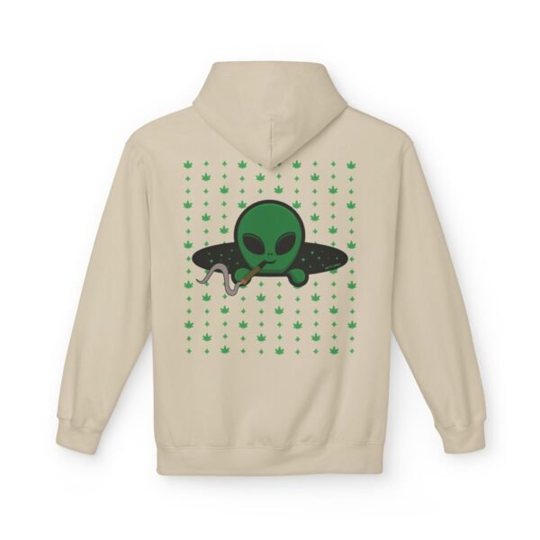 Green Alien Portal Hoodie features a green alien popping out of a black hole smoking a blunt. weed pattern behind alien